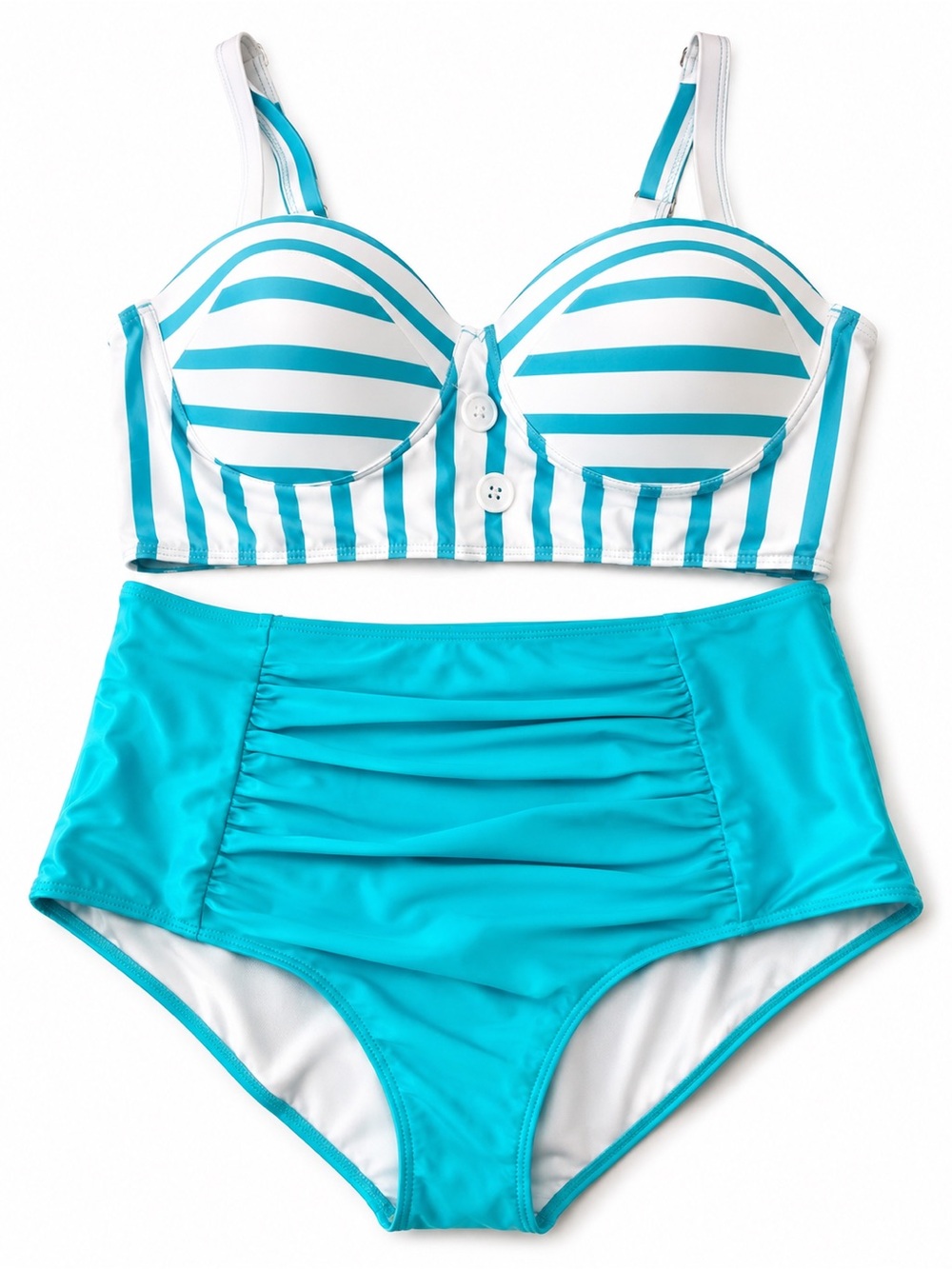 Blue Stripe High-Waist Bikini Set - Women Swim